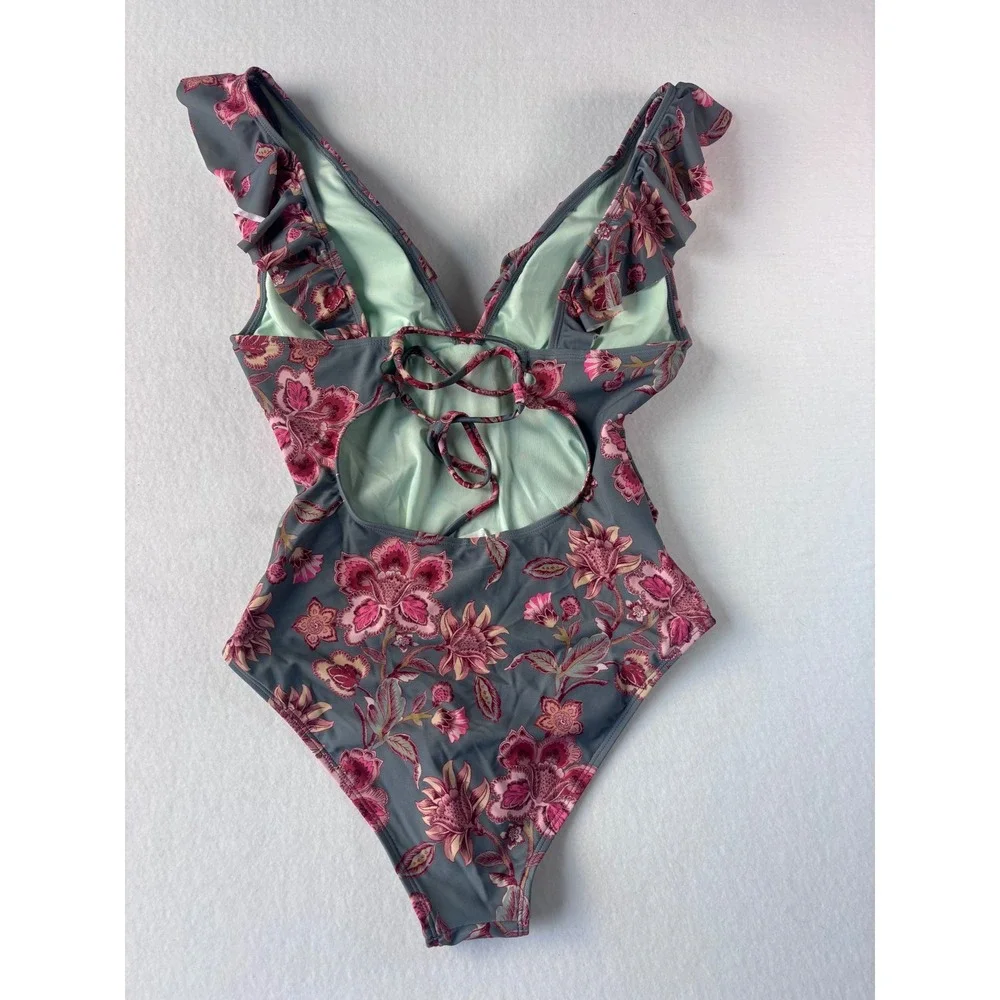 Floral‎ Ruffle V-Neck One Piece Swimsuit Gray Pink Lace Up Back Size Medium NWOT